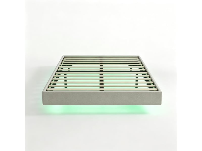  Lit double 140x190 cm avec cadre fixe en tissu effet lin beige, éclairage led rgb et sommier à lattes, sans matelas  - Conforama A