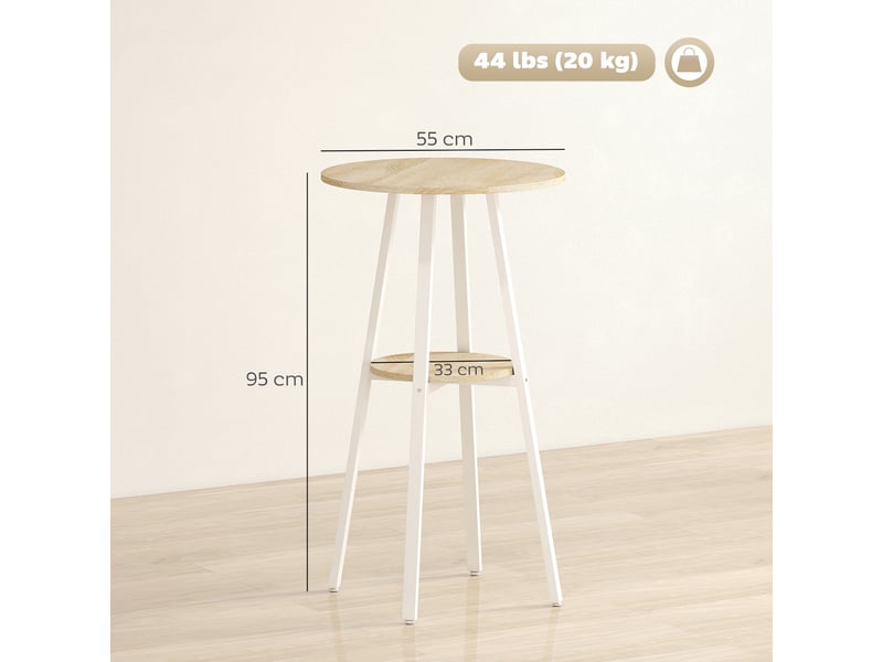 Table haute ronde avec étagère, table de cuisine ou de salle à manger moderne, pour 2 personnes, naturel et blanc  - Conforama E