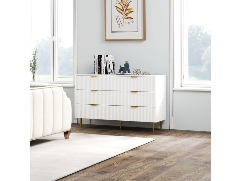 Commode 6 tiroirs commode chambre meuble de rangement moderne avec poignées et pieds dorés, 120 x 40 x 76,5 cm, blanc  - Conforama B