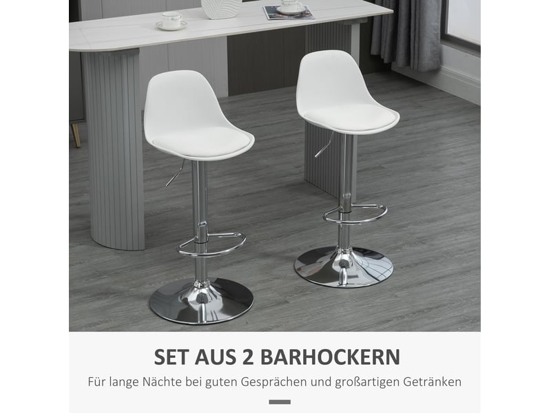 Lot de 2 tabourets de bar pivotants avec dossier, hauteur réglable et repose-pieds en similicuir blanc et acier - Conforama D