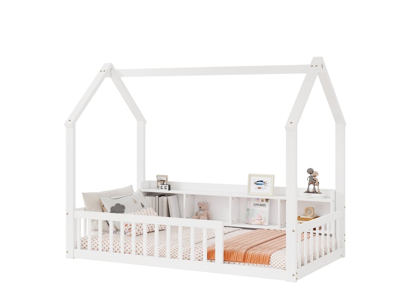 Lit cabane enfant 90x200 cm blanc avec barrières et 4 niches de rangement  - Conforama A
