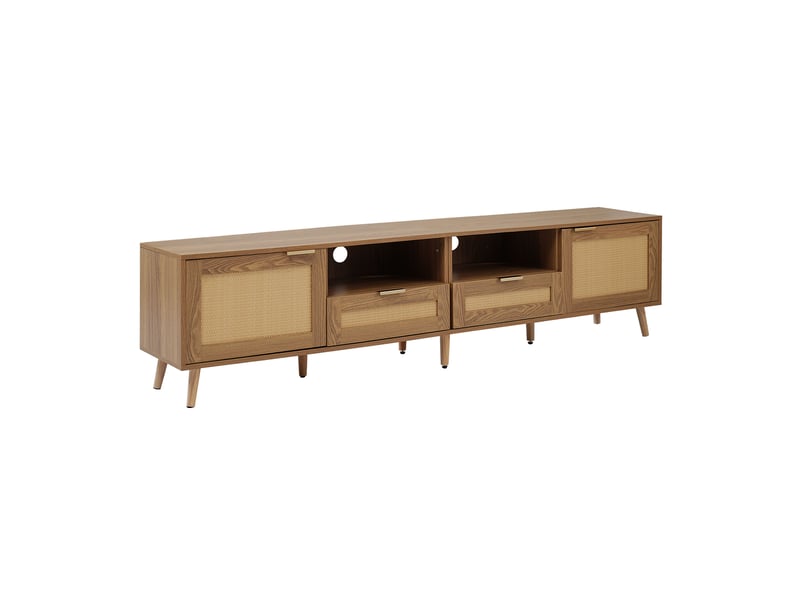  Meuble tv 200 cm en rotin synthétique avec pieds en bois massif, banc tv couleur chêne pour salon, 2 portes et 2 tiroirs  - Conforama A