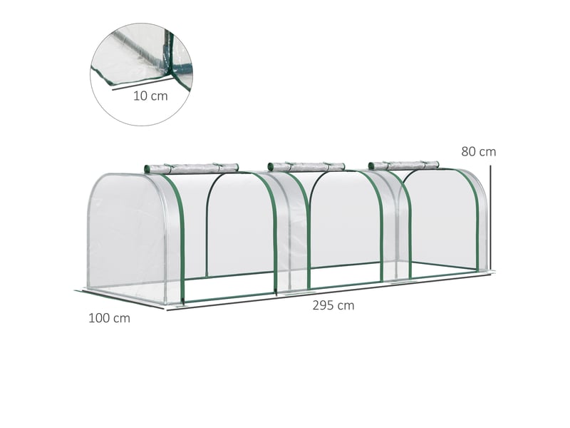  Serre tunnel de jardin 295x100x80 cm – transparente – 3 fenêtres zippées, cadre en acier thermolaqué film pvc  - Conforama C