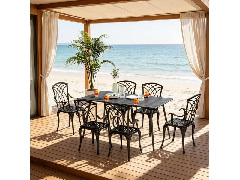  Table de jardin ulevr 6 personnes, 150 x 80 x 74 cm, plateau évitant l'accumulation d'eau, structure en acier gris  - Conforama D