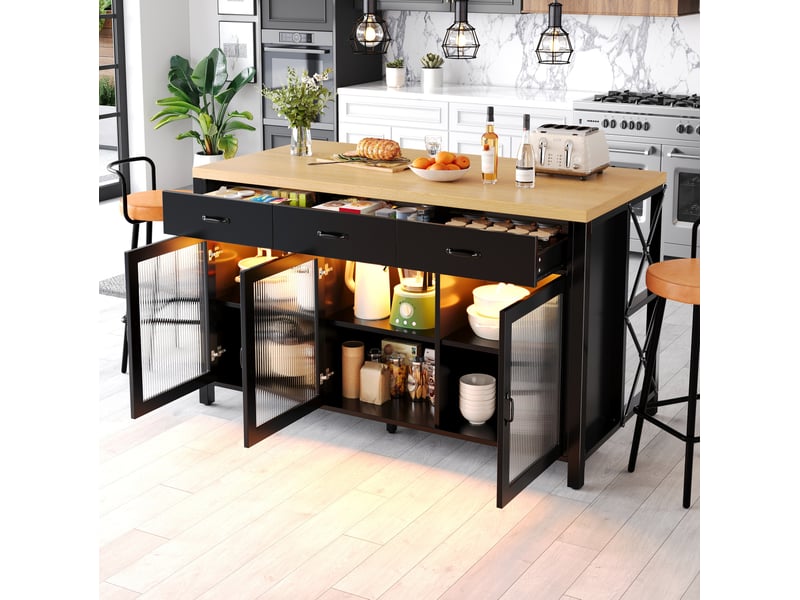  Îlot de cuisine avec 3 tiroirs et 3 portes vitrées, led, pieds réglables, noir, 150x80x90 cm  - Conforama C