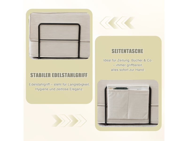  Canapé droit 2 places avec poches latérales et 2 coussins  - assise enveloppante, velours côtelé beige  - Conforama E