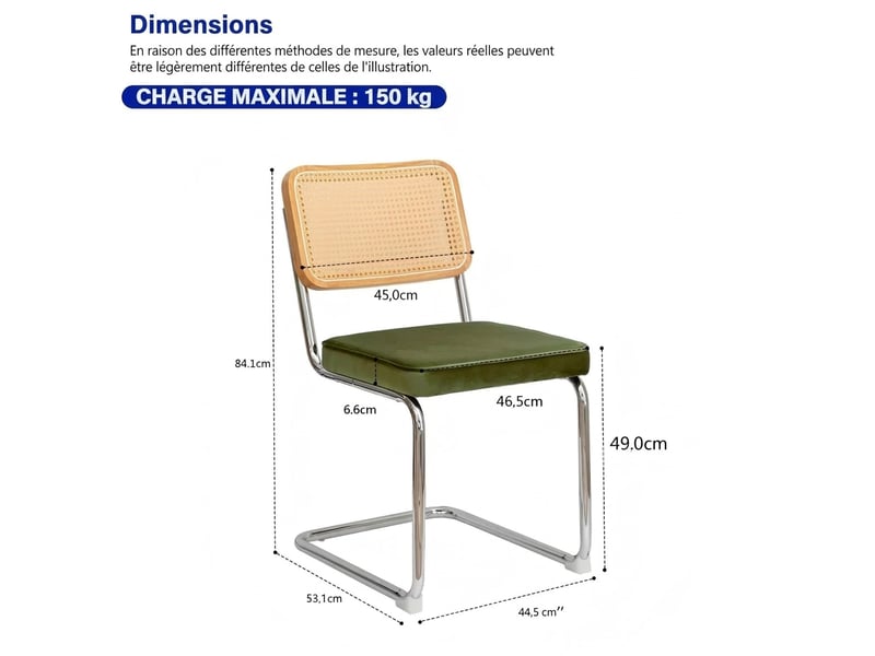  Lot de 4 chaises de salle à manger en velours vert, dossier en rotin et pieds en acier chromé, style cantilever  - Conforama C