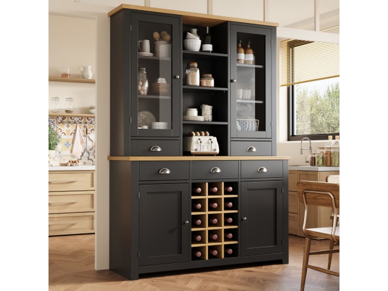  Armoire multi-usages noir, anti-bascule, pour cuisinesalon, porte vitrée, poignées métal, fermeture douce, rangement vin amovible.  - Conforama R