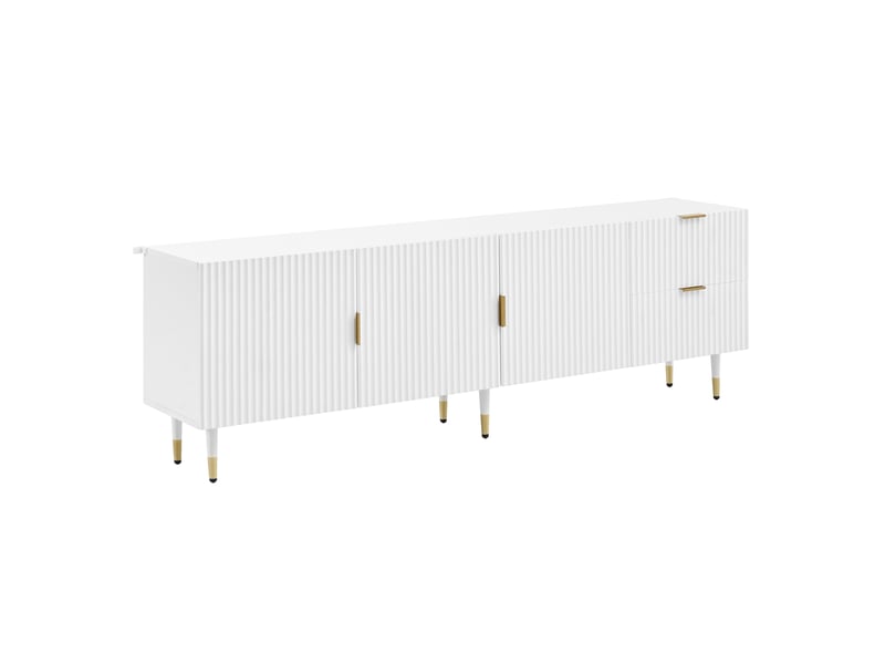  Meuble tv 3 portes, tiroirs, passe-câbles et pieds réglables - lpospi - poignées dorées, mdf blanc 170 × 35,5 × 55 cm  - Conforama A