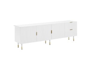Meuble tv 3 portes, tiroirs, passe-câbles et pieds réglables - poignées dorées, mdf blanc 170 × 35,5 × 55 cm