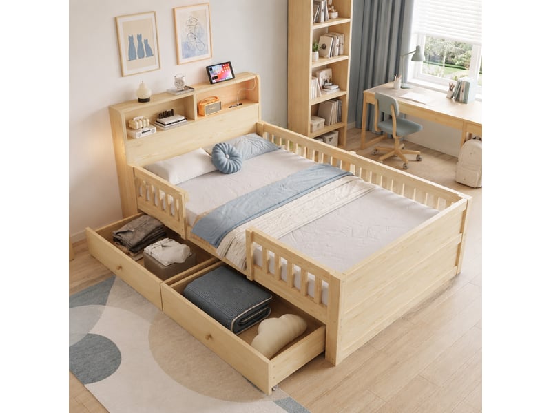 Lit enfant 90 × 190 cm 1 place avec 2 tiroirs, usb, type c et lampe de lecture, sans matelas, bois naturel - Conforama C
