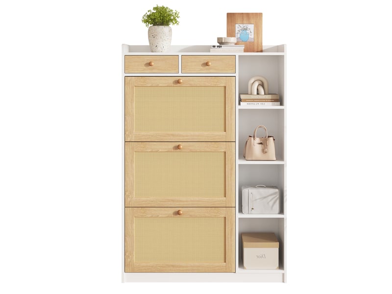  Meuble à chaussures - 90x24x130cm - meuble d'entrée 3 portes abattantes, 2 tiroirs, cannage rotin - blanc  - Conforama A
