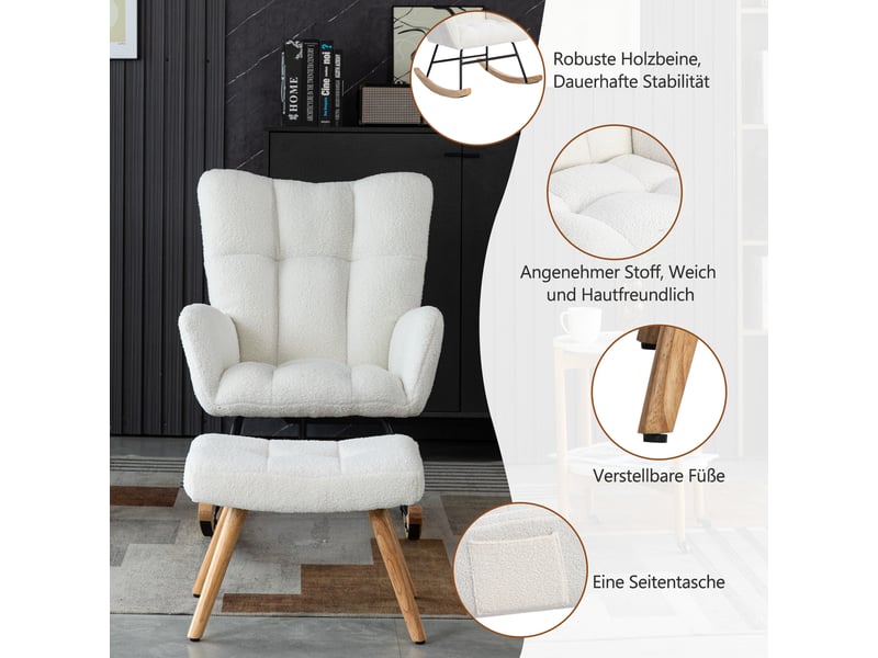  Fauteuil à bascule blanc avec repose-pieds inclus, tissu bouclette  - Conforama C