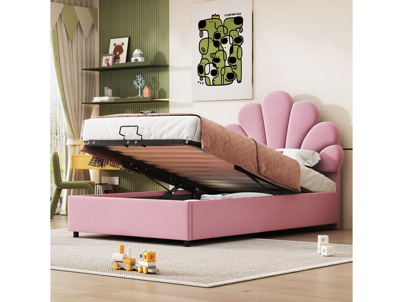 Lit coffre enfant 90 × 200 cm 1 place avec rangement hydraulique et tête de lit réglable, sans matelas, rose  - Conforama E