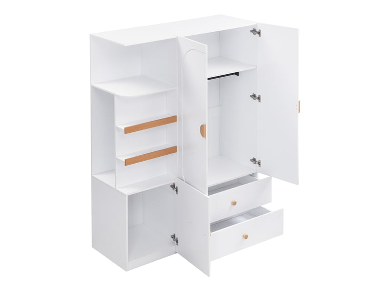  Armoire multifonction 125x50x180 cm – blanc et naturel – penderie, étagères ouvertes et 2 tiroirs de rangement  - Conforama D