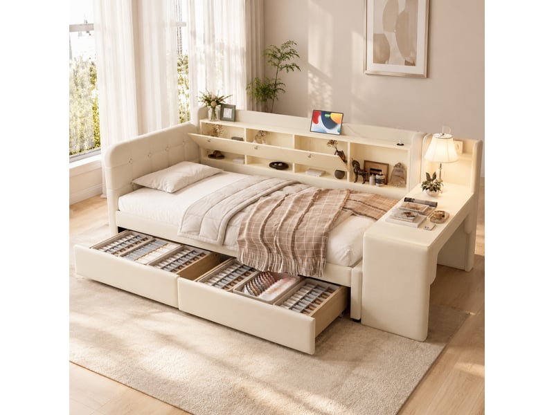  Lit simple 90x200 cm avec 2 tiroirs, bureau et ports usb et usb type c en lin beige  - Conforama D