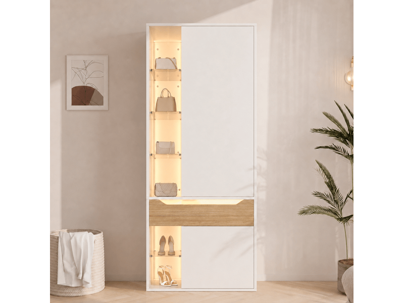 Armoire dressing tcqpz 75 x 50 x 200 cm avec vitrine en verre led, penderie, tiroir et 6 niches ouvertes, mdf blanc - Conforama E