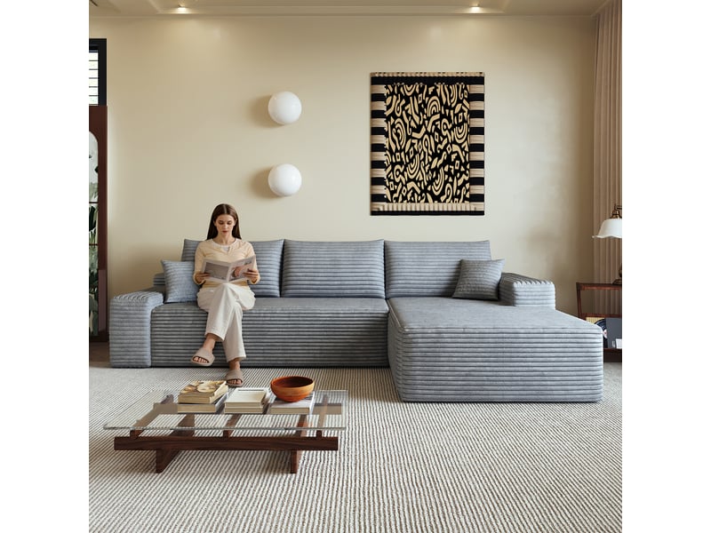  Canapé d'angle gris modulable 270 cm avec méridienne, assise profonde, sans montage pour salon moderne  - Conforama D