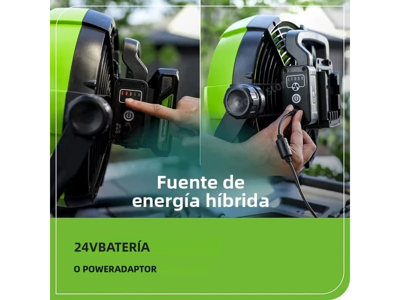  Greenworks ventilateur 24 v 10 (5 vitesses) 500 cfm hybride 360 ° rotatif (ac dc) avec chargeur ac batterie 4ah et chargeur rapide inclus  - Conforama B