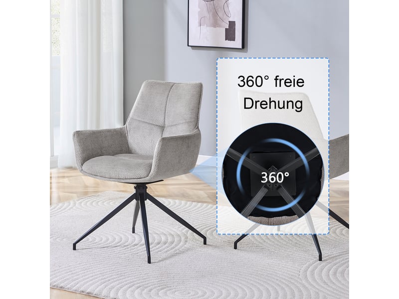  Chaises de salle à manger lot de 2 pivotantes 360° avec accoudoirs  - pieds métal, tissu - gris et noir  - Conforama E