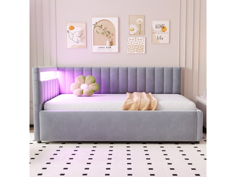  Lit coffre tcqpz 90 x 200 cm led, tête de lit réversible, tissu velours, gris clair, design à rayures verticales  - Conforama E