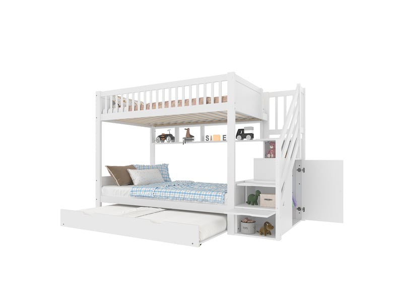  Lit superposé enfant 90 x 200 cm avec lit gigogne, armoire et escalier de rangement, en pin et mdf, blanc  - Conforama A