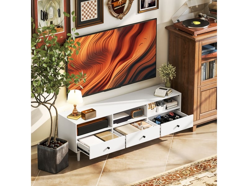  Meuble tv 3 tiroirs et 3 niches avec passe-câbles pour salon 140×34×45 cm blanc  - Conforama C