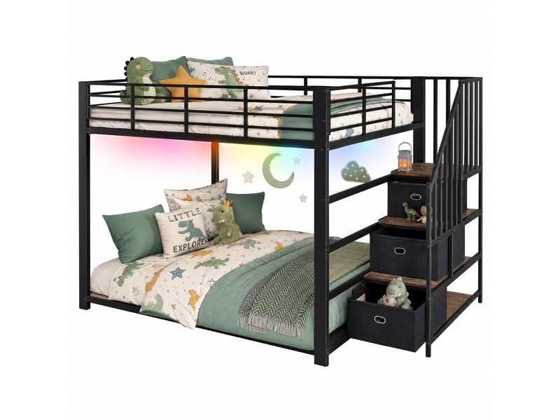 Lit superposé 140x200 cm avec escalier réversible, rangements intégrés, éclairage led et prises usb, structure métal, noir OMNIGLINT TRADING LTD - Conforama A