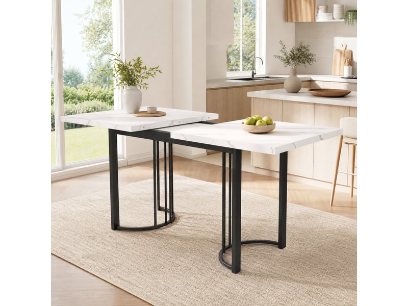  Table à manger extensible – plateau mdf effet marbre blanc et métal noir – 140 à 179,5 x 80 cm  - Conforama C