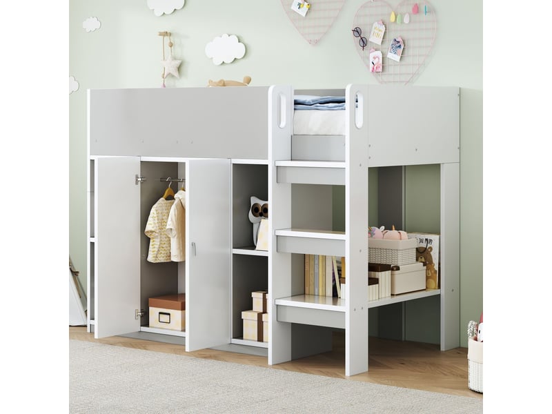 Lit mezzanine 90x200cm avec rangement, armoire, étagères et échelle - lit enfant - barrières de sécurité - gris et blanc - Conforama B