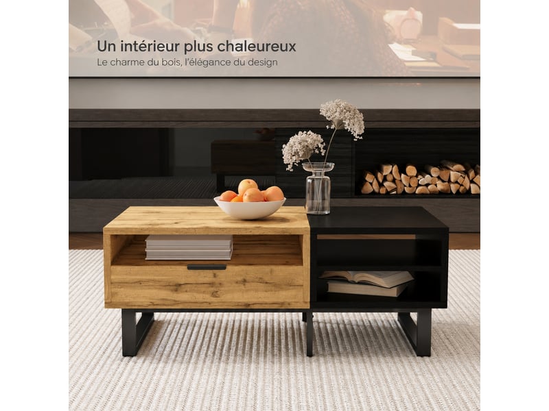  Table basse noire et bois avec 3 niches ouvertes, 1 tiroir et pieds en métal  - Conforama D