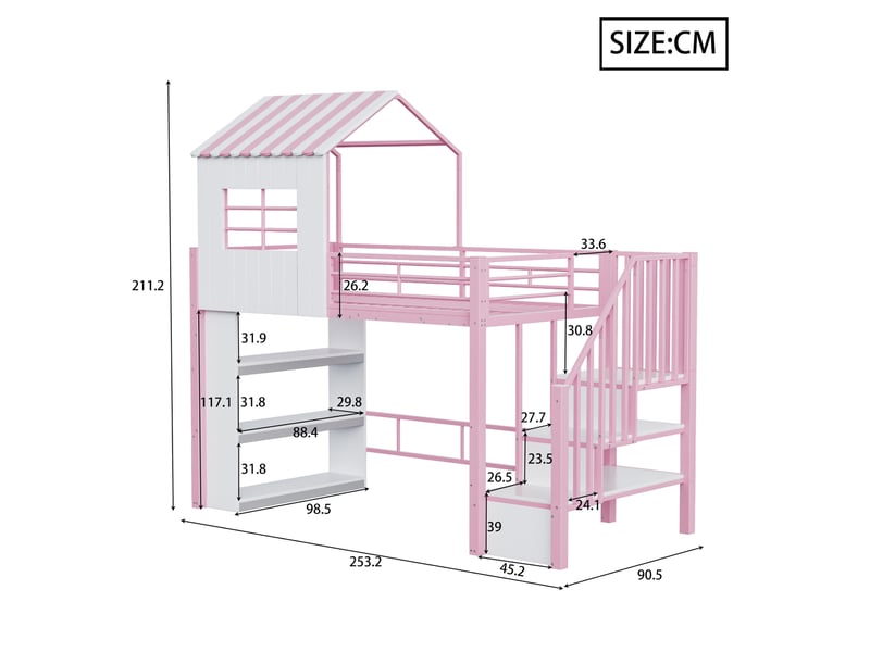  Lit enfant en mezzanine, 90 x 200 cm, lit simple avec escalier aménagé, matelas non inclus, mdf et métal, coloris noir  - Conforama C