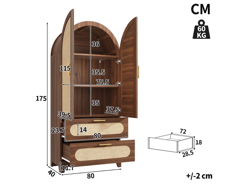  Armoire de cuisine 80x40x175 cm, buffet haut et garde-manger, lot de 2, 2 portes, 2 tiroirs, façade effet rotin, design moderne, mdf et métal brun CozyNest - Conforama C