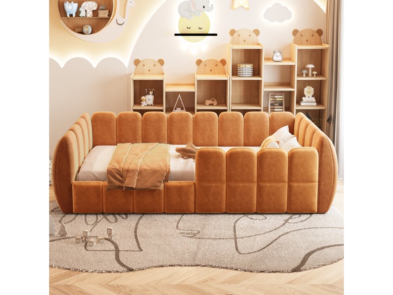  Lit au sol enfant 90x200 cm avec cadre rembourré fermé, lit simple à coins arrondis pour chambre enfant, tissu velours, orange OPULERANE TRADING LTD - Conforama C