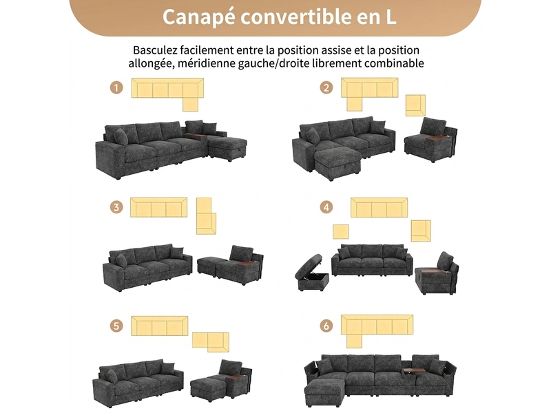  Canapé modulable 5 places canapé d'angle gris en chenille avec pouf de rangement et ports usb  - Conforama R