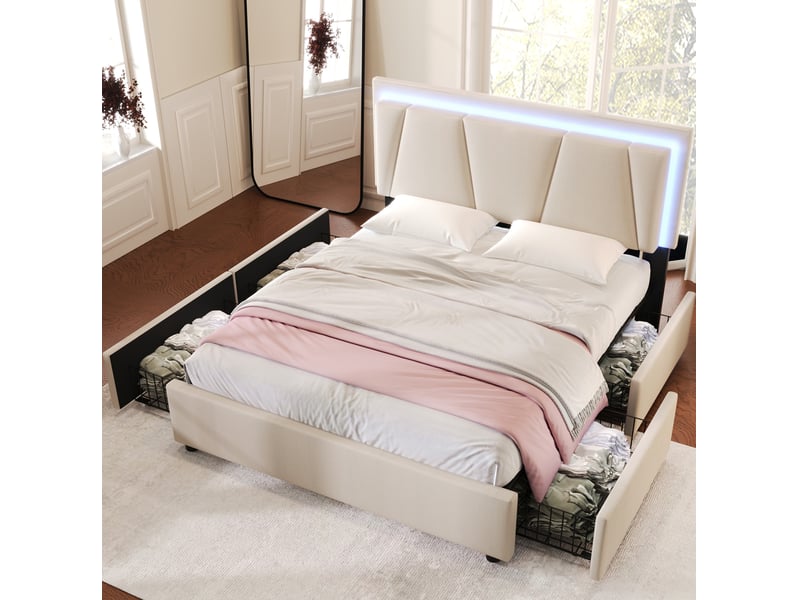  Lit coffre 160 × 200 cm 2 places avec 4 tiroirs, led réglable, tête de lit ajustable et matelas inclus, beige  - Conforama C