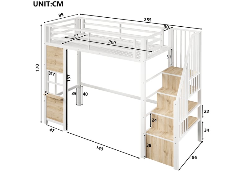  Lit mezzanine enfant 90 × 200 cm 1 place avec escalier de rangement, étagère et garde-corps, sans matelas, blanc  - Conforama D