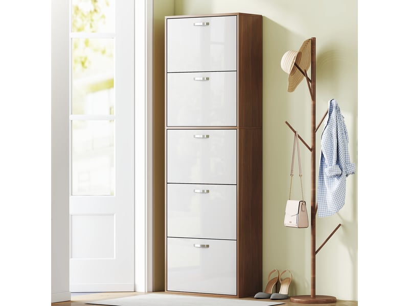  Meuble à chaussures fin en mdf blanc et marron avec 5 niveaux et 2 étagères par niveau dimensions 60x28x189 cm  - Conforama B