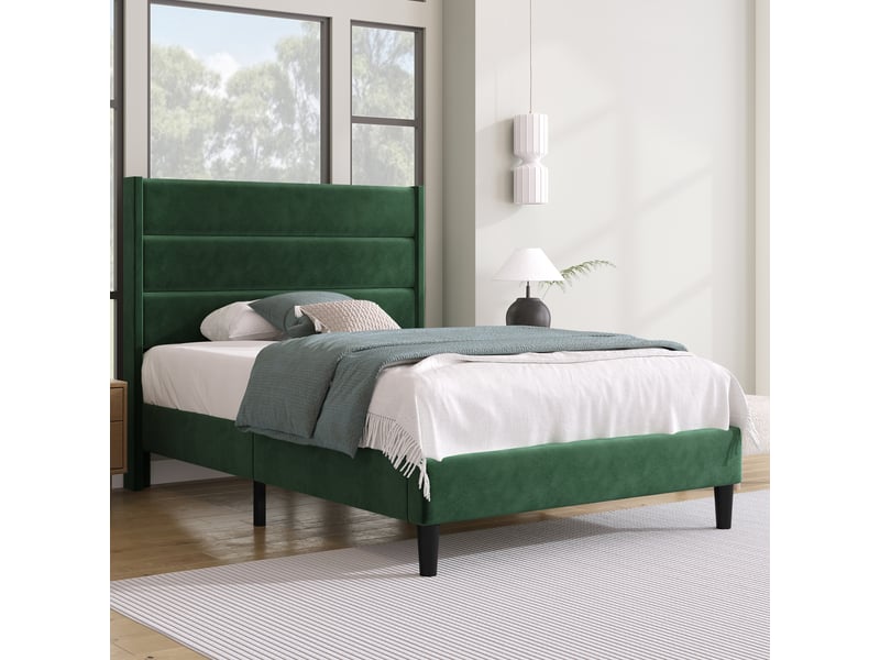  Lit simple 90x200 cm - lit simple rembourré avec sommier à lattes - lin - sans matelas - vert foncé  - Conforama C