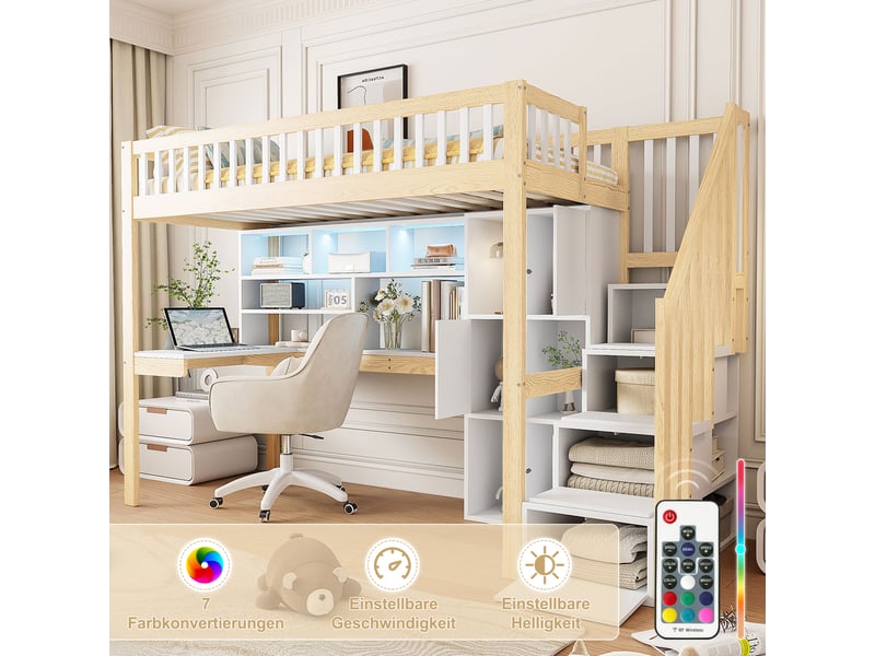  Lit mezzanine blanc et naturel 90x200 cm, led, bureau, escalier-rangement, étagères  - Conforama B