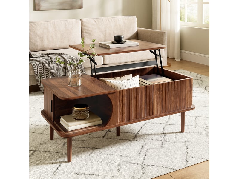  Table basse 100x48x55,5 cm, plateau escamotable, espace de rangement, style rétro, espace salon, salon, en mdf, noyer  - Conforama D