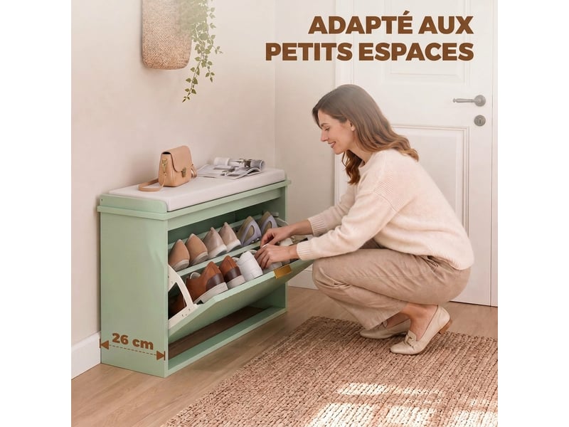  Banc à chaussures avec coussin d'assise rembourré et tiroir rabattable pour couloir, chambre, 62 x 26 x 47,5 cm, vert  - Conforama D