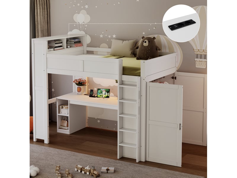  Lit mezzanine 90 × 200 cm 1 place avec bureau, 3 armoires, étagères, usb et led réglable, sans matelas, blanc  - Conforama C