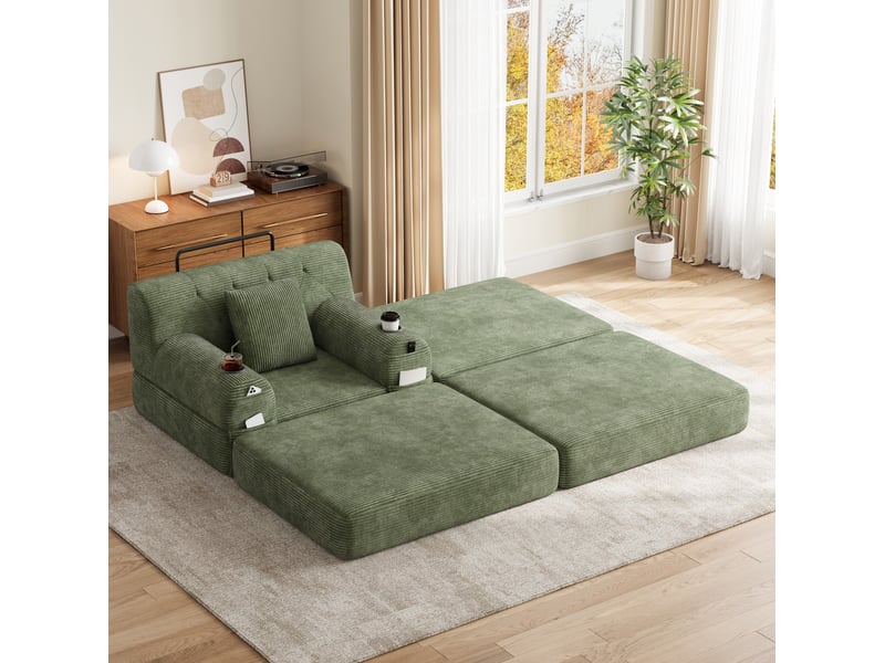  Canapé droit 1 place en cord vert avec pouf, fonction couchage, dossier haut, 2 porte-gobelets et 4 poches latérales  - Conforama B