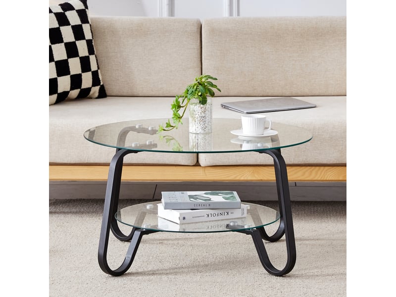  Table basse ronde avec 2 niveaux et plateau en verre de sécurité, structure en métal, pour salon, noir  - Conforama C