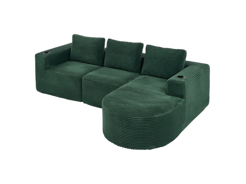  Canapé 2 places compressé en velours côtelé vert rétro avec 3 coussins et 2 porte-gobelets  - Conforama A