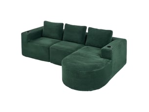 Canapé 2 places compressé en velours côtelé vert rétro avec 3 coussins et 2 porte-gobelets