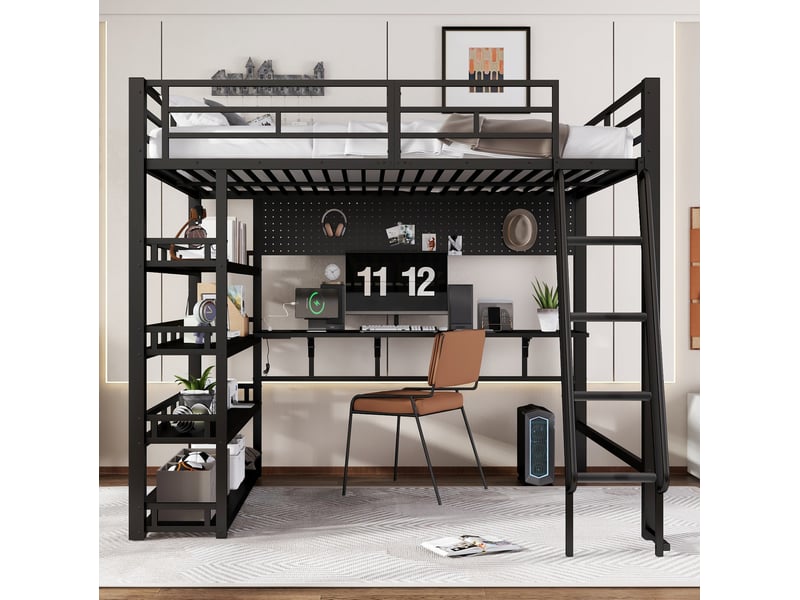  Modenvie lit mezzanine 140x200 cm - avec étagères, rangement et port de charge, sans matelas - noir  - Conforama D