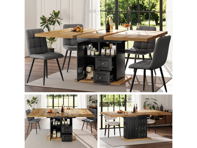  Table de cuisine rectangulaire avec allonge noir+naturel - 80x110-140max.cm mdf table bicolore - Conforama B