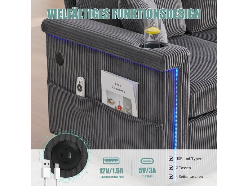 Canapé modulable avec pouf coffre 194 cm, 2 tiroirs de rangement, led, usb et usb-c, porte-gobelets, poches latérales, velours côtelé gris foncé Radiant Stride - Conforama E